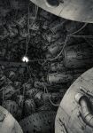  1other absurdres cable commentary_request greyscale highres industrial_pipe kamikairo monochrome original power_lines railing scenery science_fiction tunnel vanishing_point very_wide_shot 