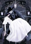  1boy 1girl artist_name ascot bird black_coat black_hair black_hat black_pants candle carrying closed_eyes coat commentary crow dress flower gghost0627 gloves grey_hair hat hetero highres jewelry lantern long_dress long_hair long_sleeves looking_at_another original pants princess_carry short_hair smile suit tricorne white_dress white_hair 