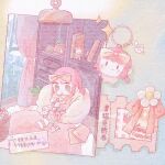  1girl 24-hour_relay animal_charm animal_ear_legwear animal_slippers aqua_background artist_collaboration basket bathrobe bean_bag_chair bedroom birthday birthday_cake bow brown_eyes bubble_tea bunny_slippers cake candle carpet chair character_charm character_doll charm_(object) chibi chinese_commentary chinese_text closed_mouth commentary_request cup day disposable_cup doll drink drinking_straw fanfanjiadeayuanjiang fire flower food fruit fur-trimmed_robe fur_trim hair_bow highres holding holding_drink indoors knee_up kneehighs leaf light_blush lingyu_(yuyuyuyuyuyu93729) long_sleeves mengchen_ruyueseli nikki_(nikki) nikki_(series) nikki_up2u2:_world_traveller on_chair orange_bow photo_(object) pink_bow pink_hair pink_robe pink_slippers purple_flower red_flower red_socks robe rug shadow short_hair short_twintails sitting slippers smile socks sparkle strawberry tape ticket translation_request twintails two-tone_socks unworn_slippers variant_set waist_bow white_socks 