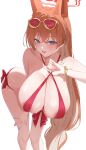 1girl absurdres animal_ear_fluff animal_ears areola_slip bare_shoulders bent_over bikini blue_archive blush bracelet breasts brown_hair cleavage commentary_request covered_nipples criss-cross_halter crossed_bangs fox_ears hair_between_eyes halo halterneck hanging_breasts highres huge_breasts jewelry kakumayu leaning_forward long_hair looking_at_viewer open_mouth purple_eyes red-tinted_eyewear red_bikini rumi_(blue_archive) rumi_(swimsuit)_(blue_archive) simple_background smile solo sunglasses swimsuit thighs tinted_eyewear very_long_hair wet white_background 