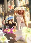  1boy 1girl aerith_gainsborough armor bare_shoulders beautifly black_gloves black_hair blue_eyes braid braided_ponytail brown_hair church crisis_core:_final_fantasy_vii crossover dress english_commentary final_fantasy final_fantasy_vii floette flower gloves hair_ribbon head_wreath indoors kwoojii open_mouth parted_bangs pink_flower pink_ribbon pokemon pokemon_(creature) ponytail poochyena ribbon shoulder_armor sitting sleeveless sleeveless_turtleneck sweater turtleneck turtleneck_sweater white_dress yellow_flower zack_fair 