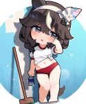  1girl :o animal_ears blush bottle broom brown_hair buruma chibi commentary_request curren_bouquetd'or_(umamusume) day ear_covers full_body gym_shirt gym_uniform hairband highres holding holding_bottle horse_ears horse_girl midriff navel purple_eyes red_buruma reflection reflective_liquid shadow shirt sidelighting single_ear_cover solo standing sweat tied_shirt umamusume warashi water_bottle white_hairband white_shirt 