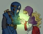  1boy 1girl aviator_cap aviator_goggles bag black_bodysuit blonde_hair blue_eyes blue_gloves blue_hat blue_tunic bodysuit capelet commentary_request dragon_quest dragon_quest_ii gloves glowing_hands goggles goggles_on_headwear grey_background hat healing highres hood hood_up hooded_capelet long_hair nogo_(nogo_059) prince_of_lorasia princess_of_moonbrook purple_capelet red_bag red_eyes red_trim robe sheath shoulder_bag tunic upper_body white_robe 