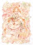  1girl basket blonde_hair blush_stickers braid brown_shoes cat closed_mouth commentary_request dress expressionless flower food food-themed_hair_ornament freckles fruit full_body green_eyes hair_ornament highres holding holding_basket juliet_sleeves long_hair long_sleeves mura_(yoshishi_ff) original painting_(medium) puffy_sleeves red_ribbon ribbon shoes socks solo strawberry strawberry_hair_ornament tareme traditional_media twin_braids very_long_hair watercolor_(medium) watermark white_cat white_dress white_flower white_socks 