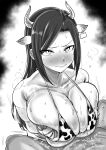  1boy 1girl absurdres animal_ears animal_print bare_shoulders bikini black_hair blush breasts breasts_squeezed_together cleavage collarbone commentary_request cow_ears cow_horns cow_print cow_print_bikini ear_tag flying_sweatdrops greyscale hetero highres horns idolmaster idolmaster_cinderella_girls kaiman_garupan large_breasts long_hair monochrome motion_lines mukai_takumi paizuri penis print_bikini sweat swimsuit v-shaped_eyebrows wavy_mouth 