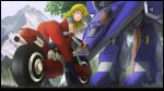 1girl ass blonde_hair blue_eyes canopy_(aircraft) cockpit english_commentary gerwalk highres houquet_et_rose kikou_souseiki_mospeada legioss long_hair looking_back mecha mospeada mospeada_(mecha) motor_vehicle motorcycle mountain photo_background pilot_chair riding robot robotech rodypaxten science_fiction snow tree 