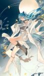  1girl ambience_synesthesia arknights bare_shoulders blue_eyes blue_hair china_dress chinese_clothes chinese_hairpin commentary_request detached_sleeves dress duplicate hair_between_eyes hair_ornament hair_stick highres knees_up lin_qing_(phosphorus_1104) ling_(ambience_synesthesia_2023)_(arknights) ling_(arknights) long_hair moon official_alternate_costume pixel-perfect_duplicate solo very_long_hair wide_sleeves 