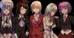  5girls ascot ave_mujica_(bang_dream!) bang_dream! bang_dream!_it's_mygo!!!!! beret black_background black_hair blonde_hair blue_eyes blue_hair book bow clair_vaux_bernardus clair_vaux_bernardus_(cosplay) commentary corset cosplay cowboy_shot crossdressing crossdressing_(ftm) dress elbow_gloves enmaided flower gloves green_hair hair_flower hair_ornament hat highres holding holding_book kanon_(umineko) kanon_(umineko)_(cosplay) long_hair looking_at_another looking_at_viewer maid misumi_uika multiple_girls necktie open_mouth pants pink_eyes pointing pointing_at_another purple_eyes purple_hair seine_(hanamukes) shannon_(umineko) shannon_(umineko)_(cosplay) simple_background skirt smile suit togawa_sakiko umineko_no_naku_koro_ni ushiromiya_jessica ushiromiya_jessica_(cosplay) ushiromiya_lion ushiromiya_lion_(cosplay) vest wakaba_mutsumi yahata_umiri yellow_eyes yuutenji_nyamu 