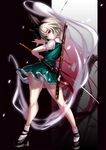  aura bad_anatomy black_hairband bob_cut ere_(2516325) error expressionless flexible frilled_skirt frills full_body green_skirt green_vest grey_hair hairband highres katana konpaku_youmu konpaku_youmu_(ghost) legs looking_at_viewer miniskirt multiple_swords panties pantyshot pantyshot_(standing) petals platform_footwear pose projected_inset puffy_short_sleeves puffy_sleeves red_eyes short_hair short_sleeves skirt socks solo standing sword thighs touhou two-tone_background underwear unsheathed vest weapon white_legwear white_panties 