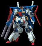  beam_cannon beam_rifle black_background clenched_hand commentary_request energy_gun green_eyes gundam gundam_zz highres keng666 mecha mecha_focus mobile_suit no_humans redesign robot science_fiction shield solo v-fin weapon zz_gundam 