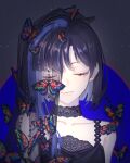  1girl alternate_costume bare_shoulders black_choker black_dress black_hair blue_butterfly blue_eyes blue_hair bug butterfly chinese_commentary choker closed_eyes closed_mouth collarbone commentary_request dress facing_viewer lace lace_trim multicolored_hair original qianxia_moban qianxia_siba short_hair sleeveless solo streaked_hair two-tone_hair upper_body veil 