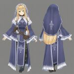  1girl 3d black_boots blonde_hair boots breasts forehead_jewel green_eyes heart heart-shaped_pupils irybelda jewelry kagurazaka_yuzu kuroyuzu large_breasts long_hair mikumikudance_(medium) nun original saint solo symbol-shaped_pupils vrchat 