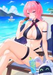  2girls absurdres alternate_costume bare_shoulders beach bikini black_bikini black_wings blue_sky blush boat bow breasts cleavage cold_moyan commentary_request crossed_legs day food hair_bow hair_intakes hair_ornament highres holding holding_food holding_popsicle large_breasts looking_at_viewer medium_hair mole mole_on_breast mountain multiple_girls navel ocean official_alternate_costume outdoors pink_hair pointy_ears popsicle purple_eyes remielle_dan remielle_dan_(moonlight_whispers) sand sitting sky smile swimsuit teeth thigh_strap vivian_banshee water watercraft wings zenless_zone_zero 