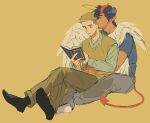  2boys adam's_apple all_saints_street angel_wings black_hair book braid brown_hair brown_pants brown_vest closed_mouth demon_horns grey_pants grey_shirt halo highres horns kiss lynn_angel male_focus multiple_boys nick_holt pants shirt short_hair sitting tensoba20230223 traditional_halo vest wings yaoi yellow_background 