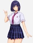  1girl blue_hair breasts collared_shirt commentary_request high-waist_skirt highres large_breasts looking_at_viewer necktie nijisanji open_mouth pleated_skirt purple_necktie school_uniform shirt shirt_tucked_in shizuka_rin shizuka_rin_(summer_uniform) short_hair short_sleeves simple_background skirt solo u-co virtual_youtuber white_background white_shirt yellow_eyes 