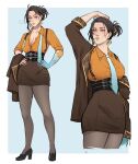  1girl adapted_costume alternate_costume bags_under_eyes black_hair blaubble blue_background blue_eyes blue_hands blue_necktie border breasts breath brown_coat brown_pantyhose brown_skirt chain cleavage coat coat_on_shoulders collarbone commentary cropped_legs earrings english_commentary fingernails full_body genderswap genderswap_(mtf) gold_chain hair_bun hand_up hands_on_own_hips high_heels highres holostars holostars_english jacket jewelry josuiji_shinri lapels lips loafers mature_female medium_breasts necktie open_mouth orange_shirt pantyhose parted_lips shirt shoes simple_background single_sidelock skirt standing suspender_skirt suspenders tassel tassel_earrings undone_necktie virtual_youtuber white_border 