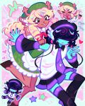  1girl 1other :d animal_ears antlers apron beret black_hair black_nails black_skirt black_sleeves blonde_hair blue_skin buck_teeth chibi chibi_inset collared_apron colored_skin commentary cosplay deer_antlers deer_ears deer_girl deltarune dress english_commentary furry furry_female green_dress green_hat green_sleeves hand_on_another's_shoulder hat headset heart highres hooves horns kris_(dark_world)_(deltarune) kris_(deltarune) momone_momo momone_momo_(cosplay) necktie noelle_holiday ocean_hairuuu parted_lips purple_necktie purple_trim reindeer_girl robot_ears shaded_face shirt signature skirt sleeveless sleeveless_shirt smile star_(symbol) teeth tie_clip utane_uta utane_uta_(cosplay) utdr_(toby_fox) v white_apron 