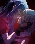  2girls absurdres bang_dream! bang_dream!_it's_mygo!!!!! black_gloves black_mask black_ribbon blonde_hair blue_hair commentary_request crying crying_with_eyes_open doloris_(bang_dream!) eye_contact gloves hair_ribbon highres long_hair looking_at_another mask masquerade_mask medium_hair misumi_uika multiple_girls oblivionis_(bang_dream!) one_eye_covered open_mouth puffy_short_sleeves puffy_sleeves red_shirt ribbon seine_(hanamukes) shirt short_sleeves sidelocks tears togawa_sakiko two_side_up upper_body yuri 