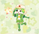  1girl commentary_request elbow_gloves full_body gloves green_background green_eyes green_hair hat jacket kemono_friends kemono_friends_3 keroro_(kemono_friends) keroro_gunsou kikuchi_milo looking_at_viewer neck_ribbon one_eye_closed ribbon shirt shoes short_hair simple_background skirt solo star_(symbol) thighhighs yellow_hat 