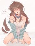  1girl absurdres ahoge animal_collar animal_ears bare_legs belt_collar bite_mark blue_collar blue_jacket blush brown_hair camisole character_name collar commentary dog_ears dog_girl dog_tail droopy_ears full_body hair_between_eyes head_tilt heart hickey highres jacket long_hair long_sidelocks looking_at_viewer motion_lines off_shoulder open_clothes open_jacket open_mouth pet_play piapie06 purple_eyes sendai_hazuki shadow shoulder_blush shuuniichido_classmate_wo_kau_hanashi sidelocks signature simple_background sitting solo spaghetti_strap speech_bubble tail tail_wagging teeth thighs untranslatable_commentary upper_teeth_only white_background white_camisole 