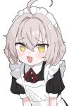  1girl :d ahoge animal_ears apron black_dress blush commentary densi_ronto dog_ears dog_girl dress fang grey_hair hair_between_eyes highres looking_at_viewer maid maid_apron maid_headdress neck_ribbon original red_ribbon ribbon short_hair simple_background skin_fang smile solo white_apron white_background yellow_eyes 