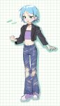  1girl aqua_eyes blue_hair choker commentary denim ear_piercing english_commentary erika_(kusa_mori) flat_chest grid_background highres jacket kusamori leather leather_jacket midriff navel original pants piercing shoes short_hair simple_background sneakers solo 