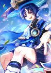  1boy anemo_symbol_(genshin_impact) black_bodysuit black_bow black_hair black_shorts blue_cape blue_hat blue_jingasa blue_kimono blue_sky blue_sleeves blunt_ends bodysuit bow bright_pupils cape cloud cloudy_sky commentary_request eyeliner feathers from_below furisode genshin_impact gold gold_ring gurumin_(gurruguru) hat japanese_clothes jingasa juban kimono layered_sleeves lens_flare lower_teeth_only makeup male_focus mandarin_collar middle_ring offering_hand open_clothes open_hand open_kimono open_mouth outdoors pom_pom_(clothes) purple_eyes purple_rope purple_sash red_eyeliner rope sash scaramouche_(genshin_impact) short_sleeves shorts shoulder_peek side_cape sky solo tassel teeth tongue tsurime vision_(genshin_impact) wanderer_(genshin_impact) watermark white_kimono white_pupils white_sleeves wispy_bangs yellow_feathers 