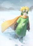  1boy aviator_cap aviator_goggles black_gloves blonde_hair blue_eyes boots coat dragon_quest dragon_quest_ii full_body gloves goggles goggles_on_headwear green_coat green_hat hat highres male_focus nogo_(nogo_059) orange_cloak outdoors prince_of_samantoria short_hair snow solo walking winter 