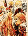  1girl 2boys :d armor black_shirt blonde_hair blood blood_on_face blush brown_hair brown_jacket commentary_request cup dated dawn_office_(identity)_(project_moon) double-parted_bangs e.g.o_(project_moon) faust_(project_moon) feathered_wings glasses gregor_(project_moon) hair_between_eyes heart highres holding holding_cup instrument_case instrument_case_on_back jacket limbus_company long_sleeves looking_at_another loving_aura multiple_boys nose_blush open_mouth oytbo pauldrons project_moon semi-rimless_eyewear shirt short_hair shoulder_armor sideways_glance sinclair_(project_moon) single_pauldron single_wing smile suit_jacket teacup translation_request turtleneck twitter_username waxen_pinion_(e.g.o) wings yellow_eyes 