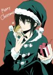  1boy alternate_costume angel_beats! asami_yuriko box character_doll christmas closed_mouth commentary_request cowboy_shot doll dual_wielding fur-trimmed_headwear fur-trimmed_jacket fur-trimmed_sleeves fur_trim gift gift_box green_hair green_hat green_jacket hair_between_eyes hands_up hat heart highres holding holding_doll holding_gift jacket light_blush long_sleeves looking_at_viewer male_focus medium_hair merry_christmas naoi_ayato orange_background otonashi_yuzuru pom_pom_(clothes) santa_costume santa_hat simple_background sitting smile solo yellow_eyes 