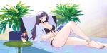  1girl anklet barefoot bikini black_bikini black_choker blur_censor book breasts censored censored_feet choker cleavage closed_mouth coat commentary drink earrings english_commentary expressionless highres holding holding_book jewelry knee_up large_breasts leaning_back legs long_hair mole mole_under_eye nail_polish open_clothes open_coat original pillow plant purple_eyes purple_hair reading single_sidelock sitting siun sketch solo swimsuit table thick_thighs thighs toenail_polish toenails toes white_coat 