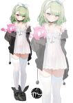  1girl absurdres alternate_costume bare_shoulders bell black_jacket black_slippers blush breasts cleavage closed_mouth commentary covered_navel different_zoom_layer full_body green_eyes green_hair hairband highres jacket k2_(jack_lin) long_sleeves looking_at_viewer medium_hair neck_bell open_clothes open_jacket parted_lips simple_background slippers solo standing sunna_(zenless_zone_zero) thighhighs white_background white_hairband white_thighhighs zenless_zone_zero zoom_layer 
