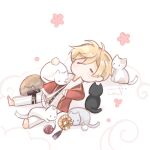  1boy =_= belt black_cat blazer blonde_hair blush_stickers brown_cat cat chibi chinese_commentary cloud collared_jacket collared_shirt commentary_request dress_shirt flower hair_between_eyes hand_on_own_stomach happy interruption_(echo-023) jacket lapels layered_sleeves loen_(shining_nikki) long_sleeves lying male_focus medal messy_hair midriff_peek military_uniform nikki_(series) on_back open_belt open_clothes open_shirt pants peaked_lapels petting pink_flower red_jacket shadow shining_nikki shirt short_hair signature solo suit_pants too_many too_many_cats white_background white_belt white_cat white_pants white_shirt xiangyun yarn yarn_ball 