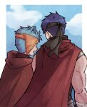  2boys animal_ears blue_hair cat_boy cat_ears cloak commentary_request facing_away fire_emblem fire_emblem:_radiant_dawn from_behind headband ike_(fire_emblem) male_focus multiple_boys ranulf_(fire_emblem) short_hair taui_(asd55589) 