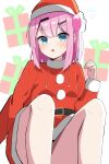  1girl absurdres alternate_costume belt black_belt blunt_bangs blush box chiyoda_momo christmas commentary_request convenient_leg dress flying_sweatdrops frown fur-trimmed_dress fur-trimmed_headwear fur-trimmed_sleeves fur_trim gift gift_box hair_ornament hairclip hand_up hat highres hosinonana knees_up long_sleeves machikado_mazoku medium_hair open_mouth pink_hair pom_pom_(clothes) red_dress red_hat santa_costume santa_dress santa_hat short_dress simple_background sitting solo straight_hair sweatdrop thighs v-shaped_eyebrows white_background 