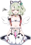  1girl absurdres animal_ear_hairband animal_ears bag bell between_thighs black_garter_straps black_shoes blush bra breasts cat_ear_hairband cat_ears commentary_request detached_collar fake_animal_ears garter_straps ghost_hair_ornament glowstick green_eyes green_hair hair_ornament hairband hairclip heavy_breathing highres lace_garter_belt looking_down maid_headdress multiple_hairclips navel neck_bell official_alternate_costume oldsickkim open_mouth panties red_bag shoes simple_background sitting small_breasts solo squiggle sunna_(afternoon_tea_break)_(zenless_zone_zero) sunna_(zenless_zone_zero) triangle_hair_ornament underwear wariza white_background white_bra white_panties white_wings winged_bag wings zenless_zone_zero 