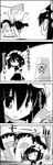  1girl 4koma arms_up ascot cellphone comic commentary greyscale hair_ribbon hat hat_ribbon highres himekaidou_hatate long_hair monochrome open_door phone pom_pom_(clothes) ribbon shameimaru_aya shawl shirt shoujo_kitou-chuu sitting skirt smile string_phone tani_takeshi tin_can tokin_hat touhou translated twintails yukkuri_shiteitte_ne 