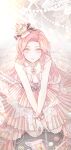  1girl bare_arms bare_shoulders bow brown_eyes chain chain_necklace chinese_commentary circle_skirt closed_mouth colorful_cake_tower_(shining_nikki) commentary_request crown cupcake dress food food-themed_hat forehead full_body gown grey_background hands_on_lap happy hat hat_bow heart heart_necklace highres interruption_(echo-023) jewelry kneeling light_particles lipstick long_dress long_hair makeup making-of_available mini_crown necklace nikki_(nikki) nikki_(series) pink_bow pink_dress pink_hair procreate_(medium) purple_bow red_lips shining_nikki sleeveless sleeveless_dress smile solo very_long_hair waist_bow wavy_hair wrist_bow 