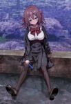  1girl absurdres aoi_tori_(purple_software) arm_behind_back bad_id bad_pixiv_id black_capelet black_shoes black_skirt blue_eyes blue_feathers blush bow bowtie braid breasts brown_hair brown_pantyhose capelet closed_mouth collared_shirt cross_ornament expressionless eyelashes eyes_visible_through_hair feathers full_body hair_between_eyes hair_bow hair_intakes high-waist_skirt highres holding holding_feather large_breasts loafers looking_at_viewer medium_hair outstretched_legs pantyhose pleated_skirt red_bow red_bowtie school_uniform shirt shoe_soles shoes side_braid sitting skirt sleeves_past_wrists solo tsurime umino_akari westgon white_shirt 
