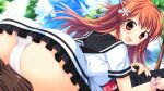  1boy 1girl ayamisiro black_pants black_sailor_collar blue_bow blue_ribbon bow bowtie brown_eyes brown_hair crotch_grab day dress dutch_angle face_in_ass floating_hair frilled_skirt frills from_behind from_below game_asset hair_bow half_updo long_hair looking_at_crotch looking_back lying lying_on_person miniskirt natsu_koi_high_pressure non-web_source official_art on_back open_mouth panties pants pantyshot plaid_bow plaid_clothes red_bow red_bowtie ribbon sailor_collar school_uniform scrunchie shinonome_misaki shirt short_sleeves skirt sky socks tree twisted_torso underwear white_panties white_shirt wrist_scrunchie 