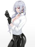  1girl adjusting_clothes adjusting_gloves arknights black_choker black_gloves black_pants breasts choker cleavage collared_shirt commentary commission cowboy_shot earrings english_commentary eyeshadow floating_hair from_side gladiia_(arknights) gloves grey_hair hair_over_shoulder highres jewelry large_breasts leather leather_pants long_hair long_sleeves looking_at_viewer makeup pants parted_lips partially_unbuttoned patreon_logo patreon_username pointy_ears red_eyes red_eyeshadow shiny_clothes shirt shirt_tucked_in simple_background sleeves_rolled_up solo standing tight_clothes tight_pants white_background white_shirt zefrableu 