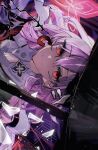  1girl buttons chromatic_aberration clothing_cutout collared_dress commentary dress evernight_(honkai:_star_rail) evey_(honkai:_star_rail) hair_between_eyes hair_ornament hairclip highres honkai:_star_rail honkai_(series) jkhada8ybj36753 light_smile looking_at_viewer march_7th_(honkai:_star_rail) memosprite parallel_hairclips pink_hair red_eyes shards umbrella untranslatable_commentary 