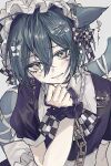  1boy animal_ears ascot black_ascot black_bow black_dress blush bow cat_boy cat_ears cat_tail checkered_ascot checkered_bow checkered_clothes chinese_commentary collared_dress colored_eyelashes commentary_request crossdressing crossdressing_(mtf) danganronpa_(series) danganronpa_v3:_killing_harmony double-parted_bangs dress earrings enmaided frilled_shirt_collar frilled_wrist_cuffs frills glint green_hair grey_background hair_between_eyes hair_bow hair_ornament hairclip hand_up highres jewelry kemonomimi_mode light_particles long_bangs maid maid_headdress male_focus male_maid nervous_smile outline pale_skin puffy_short_sleeves puffy_sleeves saihara_shuichi short_sleeves simple_background smile solo sticker sticker_on_face sweat tail two-tone_ascot two-tone_bow upper_body white_ascot white_bow white_outline wrist_cuffs yellow_eyes yuzu_(parasitic_910) 