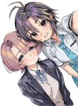  2girls anjerain antenna_hair arimura_mao black_hair blue_eyes blue_necktie blush closed_mouth collared_shirt commentary_request gakuen_idolmaster grey_jacket grin hatsuboshi_gakuen_school_uniform highres idolmaster idolmaster_(classic) in-franchise_crossover jacket kikuchi_makoto looking_at_viewer multiple_girls necktie pink_hair plaid_clothes plaid_necktie purple_eyes rough_time_school_(idolmaster) school_uniform selfie shirt short_hair simple_background smile white_background white_shirt 
