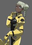  1girl blue_eyes bodysuit braid braided_base breasts bun_with_braided_base cowboy_shot dark-skinned_female dark_skin double_bun from_side gloves grey_background grey_hair gundam gundam_g_no_reconguista hair_bun hand_up helmet highres holding holding_unworn_helmet looking_to_the_side mecha_pilot_suit medium_breasts normal_suit_(gundam) parted_lips raraiya_monday simple_background solo standing sunomono unworn_headwear unworn_helmet yellow_bodysuit yellow_gloves 