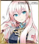  1girl black_shirt blue_eyes blue_nails brooch brown_sleeves brown_trim closed_mouth commentary_request detached_sleeves gold_trim hand_up headset highres jewelry long_hair looking_at_viewer marker_(medium) megurine_luka pink_hair shikishi shirt simple_background sleeveless sleeveless_shirt smile solo sudachi_(calendar) traditional_media tsurime two-tone_sleeves vocaloid watermark white_background yellow_sleeves 