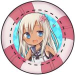  1girl :d amakaze_sora argyle_background bare_shoulders black_one-piece_swimsuit blue_eyes blue_sailor_collar blush grey_hair hair_between_eyes heart kantai_collection lifebuoy long_hair looking_at_viewer lowres one-piece_swimsuit ro-500_(kancolle) sailor_collar shirt sleeveless sleeveless_shirt smile solo swim_ring swimsuit swimsuit_under_clothes tan white_background white_shirt 