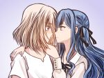  2girls bang_dream! bang_dream!_it's_mygo!!!!! black_ribbon blonde_hair blue_background blue_hair commentary_request eye_contact gradient_background hair_between_eyes hair_ribbon hand_on_another's_chin highres long_hair long_sleeves looking_at_another misumi_uika multiple_girls neck_ribbon parted_lips purple_eyes ribbon seine_(hanamukes) shirt short_sleeves sidelocks togawa_sakiko upper_body white_shirt yuri 