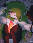  1girl alternate_hair_length_(longer) armlet armpits arms_up artist_name bare_shoulders bed_sheet black_choker black_gloves black_shirt blush bracelet breasts choker colored_skin commentary dark disembodied_hand earclip earrings english_commentary from_above gardevoir gloves glowing grabbing_another's_breast green_hair groping happy heart heart-shaped_pupils highres jewelry large_breasts long_hair looking_at_viewer lying multiple_earrings nose_blush on_back open_mouth orange_eyes partial_humanization patreon_logo patreon_username pokemon pokemon_(creature) pov rilex_lenov shirt single_glove smile solo_focus spiked_bracelet spikes strapless strapless_shirt symbol-shaped_pupils toned toned_female upper_body watermark wavy_eyes web_address white_skin 