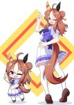  2girls ahoge animal_ears azusa_(azusa0325) blush bow bowtie breasts brown_hair brown_shoes chibi commentary_request copano_rickey_(umamusume) double_bun dual_persona ear_covers fang from_behind hair_between_eyes hair_bun hair_ornament highres horse_ears horse_girl horse_tail long_hair looking_at_viewer looking_back medium_breasts mismatched_ear_covers multicolored_hair multiple_girls one_eye_closed open_mouth pleated_skirt puffy_short_sleeves puffy_sleeves purple_bow purple_bowtie purple_eyes purple_shirt sailor_collar sailor_shirt school_uniform shirt shoes short_sleeves skin_fang skirt smile summer_uniform tail tassel tassel_hair_ornament thighhighs tracen_school_uniform umamusume white_hair white_sailor_collar white_skirt white_thighhighs 